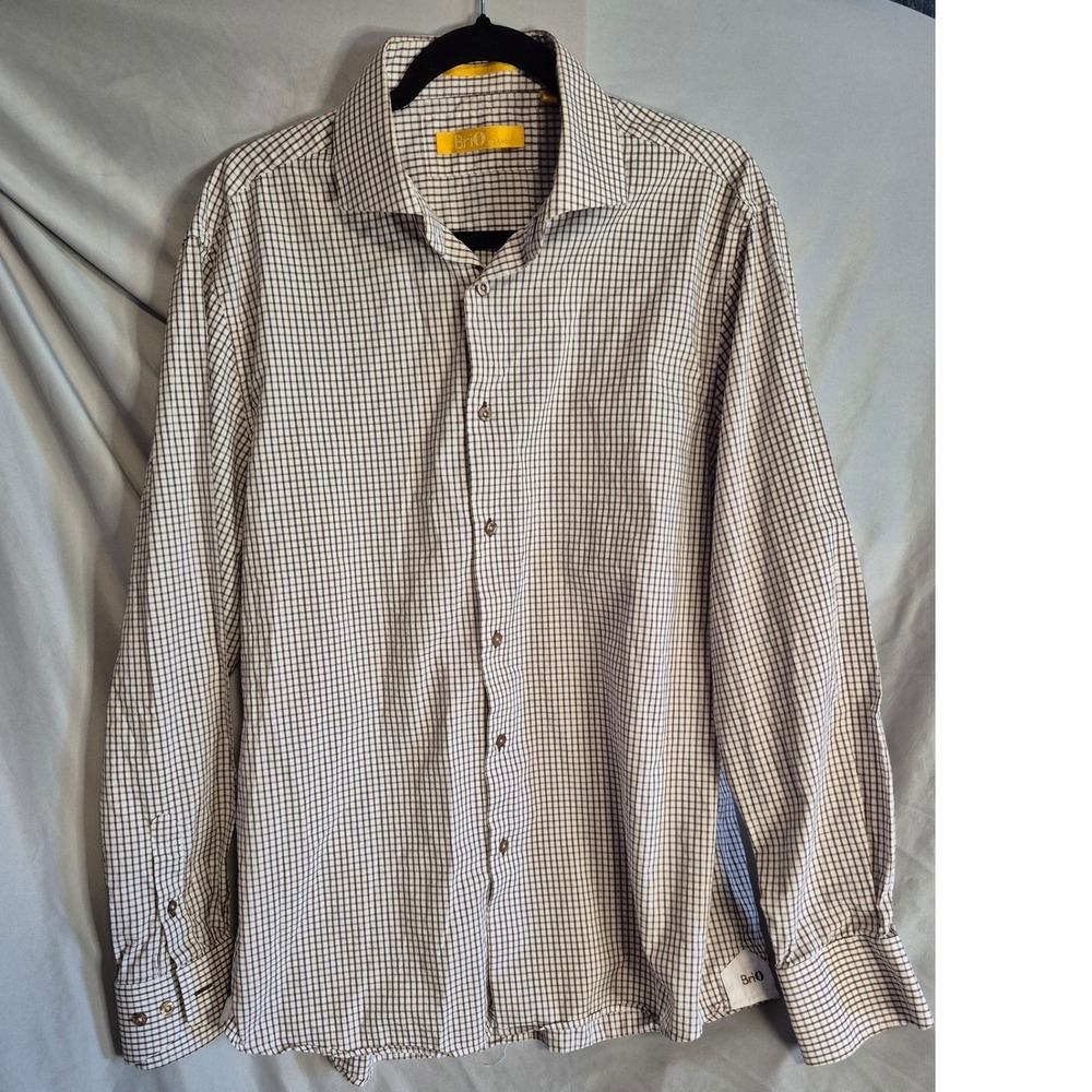 Brio Milano‎ Mens XL 17.5/18 Brown Checkered Long Sleeve Dress Shirt